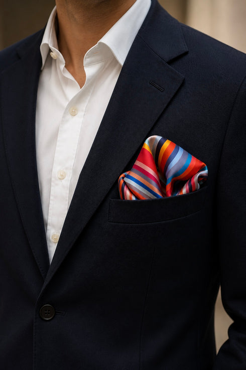 Riviera Dusk | Pure Silk Pocket Square with a Handmade Rakhi