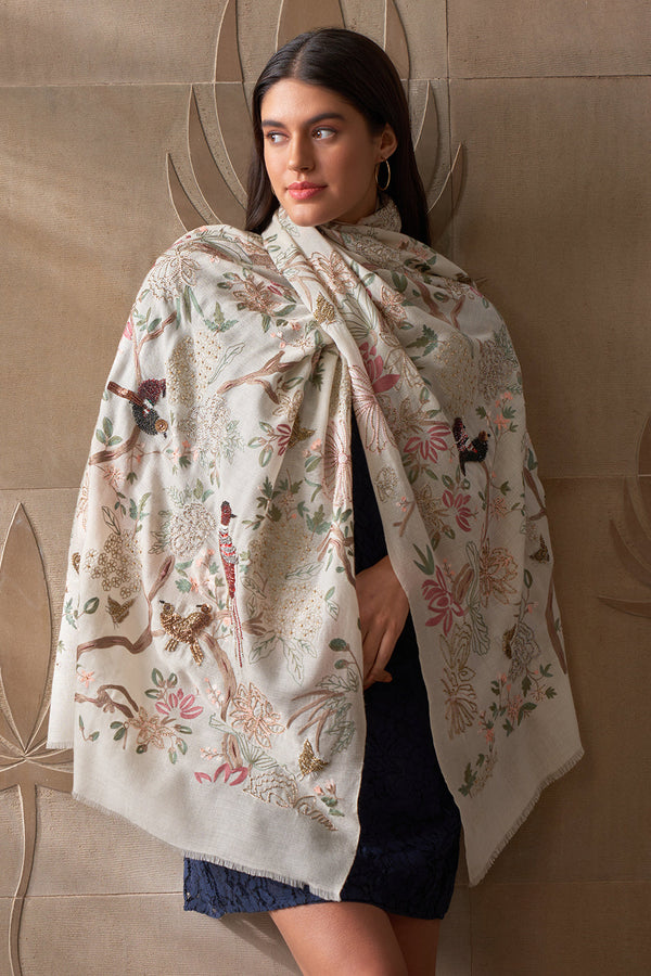 Enchanted Forest Embroidered Pure Cashmere Stole