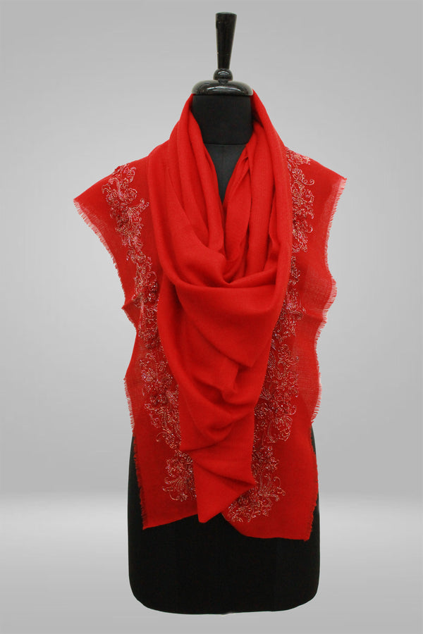 Princess Red Embroidered Cashmere Wool Stole
