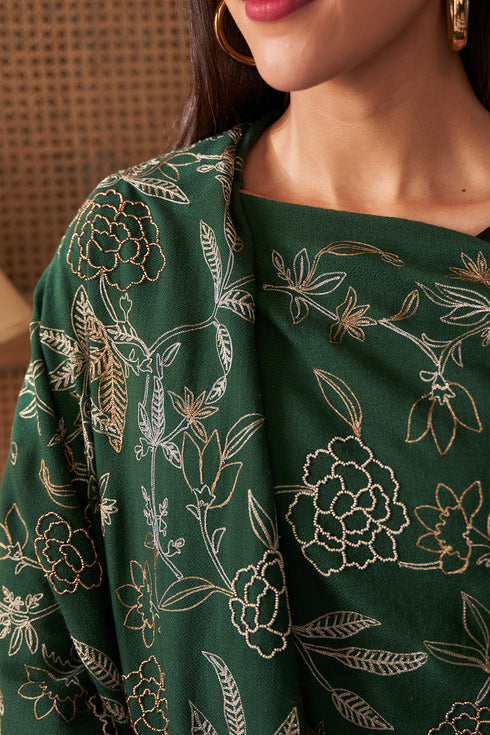 Golden Peony | Embroidered Fine Merino Wool Stole