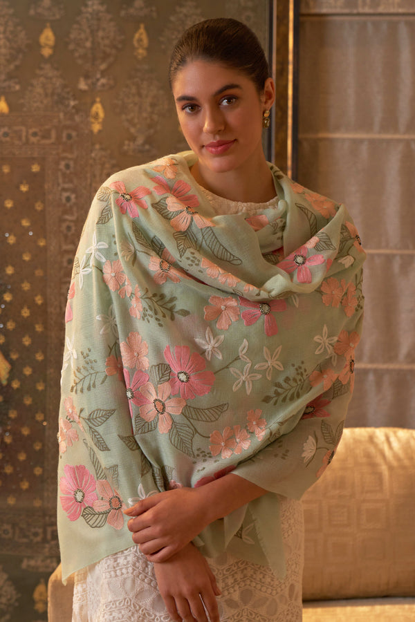 Dewey Garden Embroidered Pure Cashmare Stole