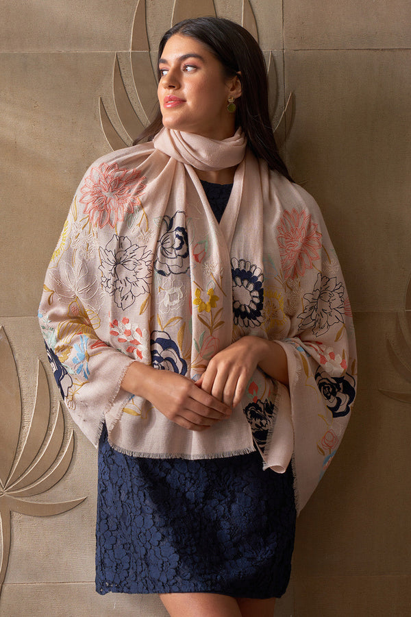 Blazing Bloom Border | Embroidered Wool Silk Stole