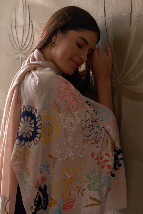 Blazing Bloom Border | Embroidered Wool Silk Stole