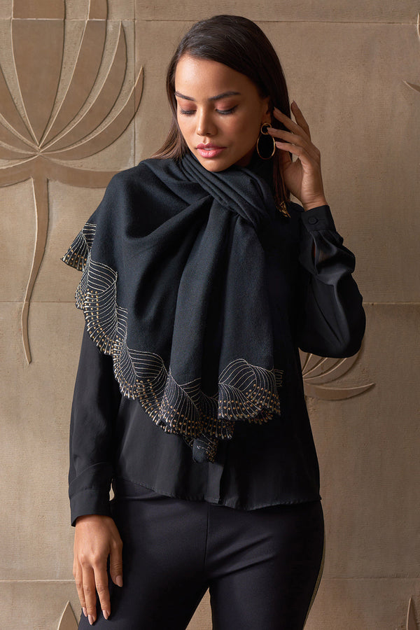 Majestic Wave Embroidered Wool Silk Stole