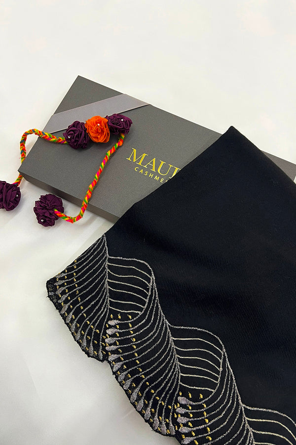 Majestic Wave | Embroidered Wool Silk Stole with Handmade Rakhi
