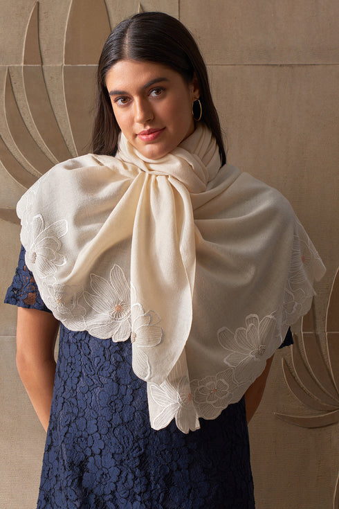 Magnolia Bloom Embroidered Wool Silk Stole