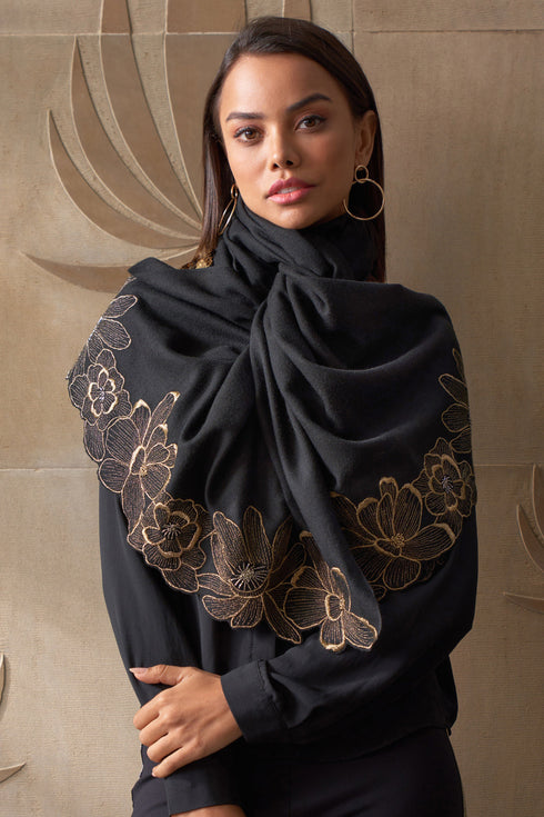 Magnolia Bloom Embroidered Wool Silk Stole