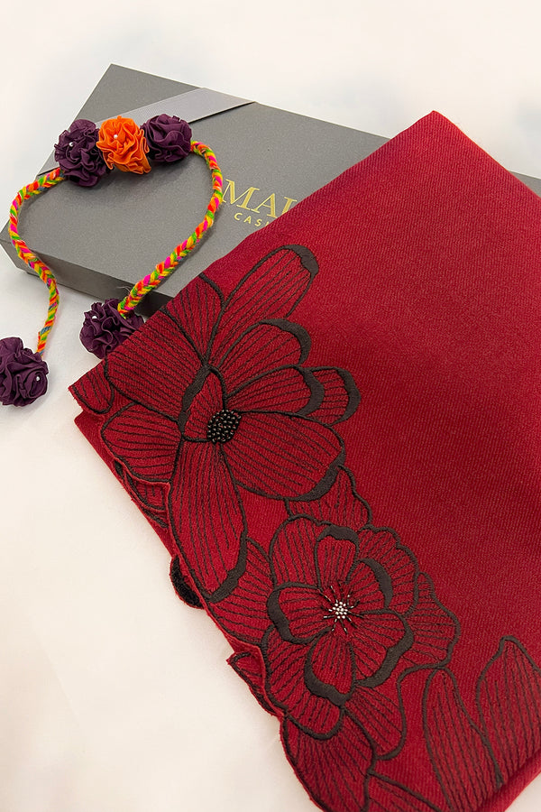 Magnolia Bloom | Embroidered Wool Silk Stole with Handmade Rakhi