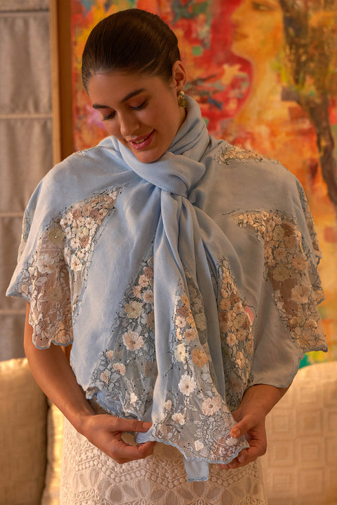 Cherry Blossom Flounce | Embroidered Wool Silk Stole