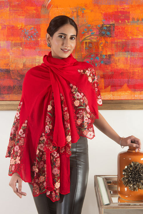Rose Blossom Flounce | Embroidered Wool Silk Stole
