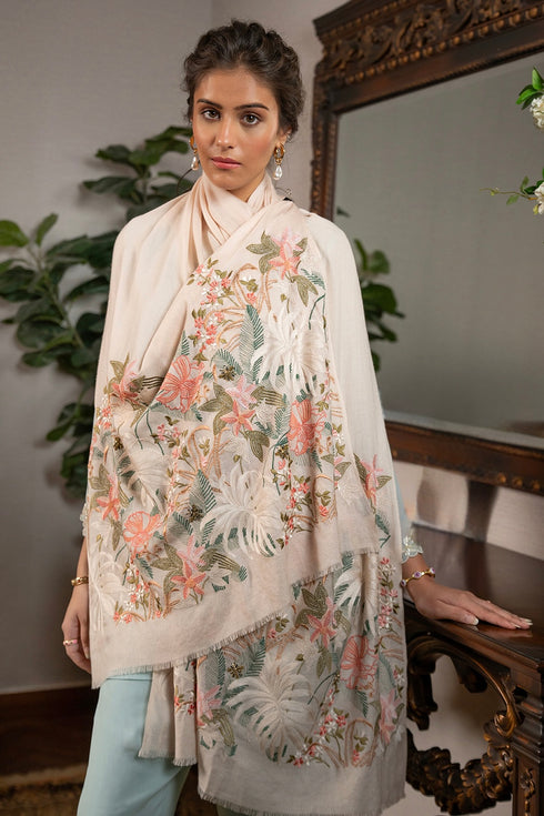 Jungle Dream | Embroidered Wool Silk Stole Beige