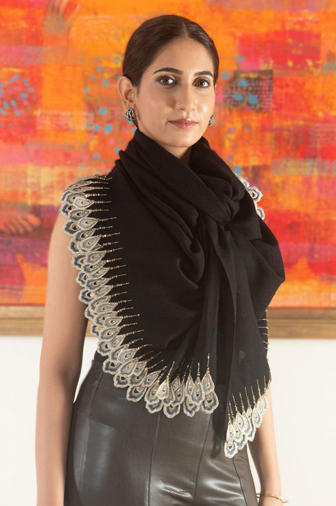 Peacock Teardrop Sparkle | Embroidered Wool Silk Stole