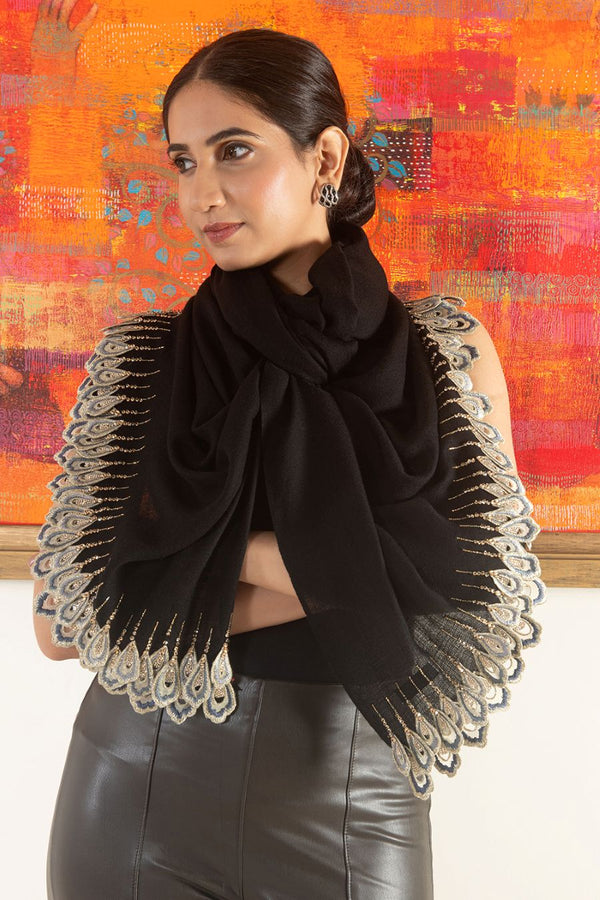 Peacock Teardrop Sparkle | Embroidered Wool Silk Stole