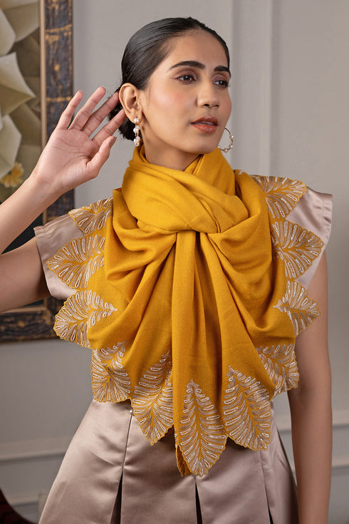 Vintage Leaf | Embroidered Wool Silk Stole with Handmade Rakhi