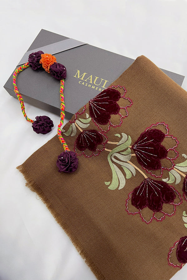 Magnolia Buds | Embroidered Wool Silk Stole with Handmade Rakhi