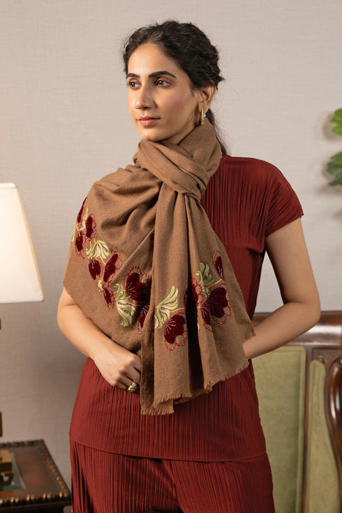 Magnolia Buds | Embroidered Wool Silk Stole with Handmade Rakhi