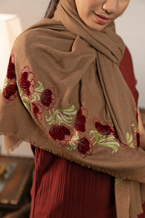 Magnolia Buds | Embroidered Wool Silk Stole with Handmade Rakhi