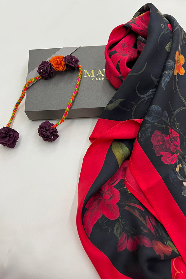 Kyoto Rouge | Pure Silk Twill Scarf with Handmade Rakhi