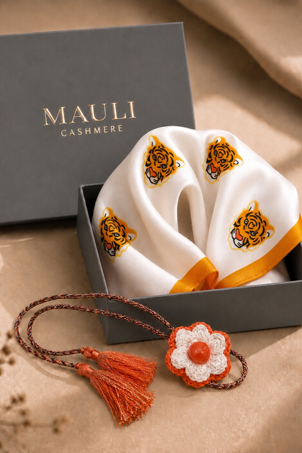 Roar Royale | Pure Silk Pocket Square with a Handmade Rakhi