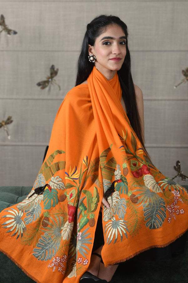 A Toucan's Day | Embroidered Fine Merino Wool Stole