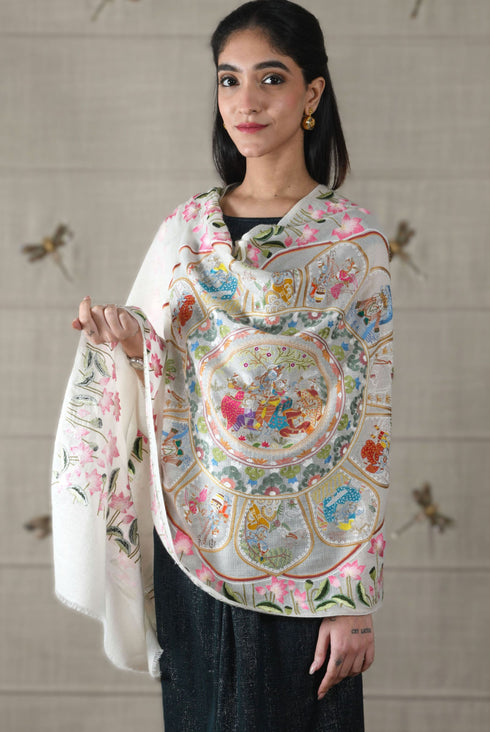 The Lotus Krishna Leela | Embroidered Pure Cashmere Stole