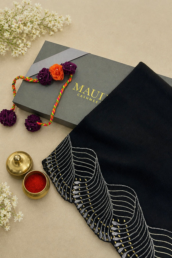 Majestic Wave | Embroidered Wool Silk Stole with Handmade Rakhi