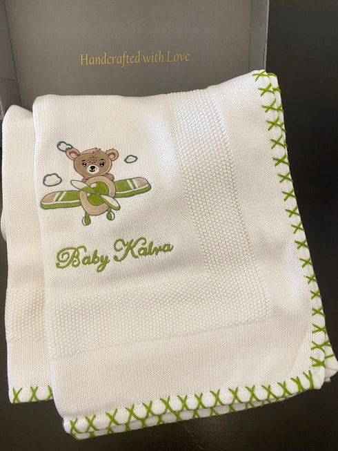 Baby Teddy & the Airplane Ride |Personalized Baby Blanket with Cushion