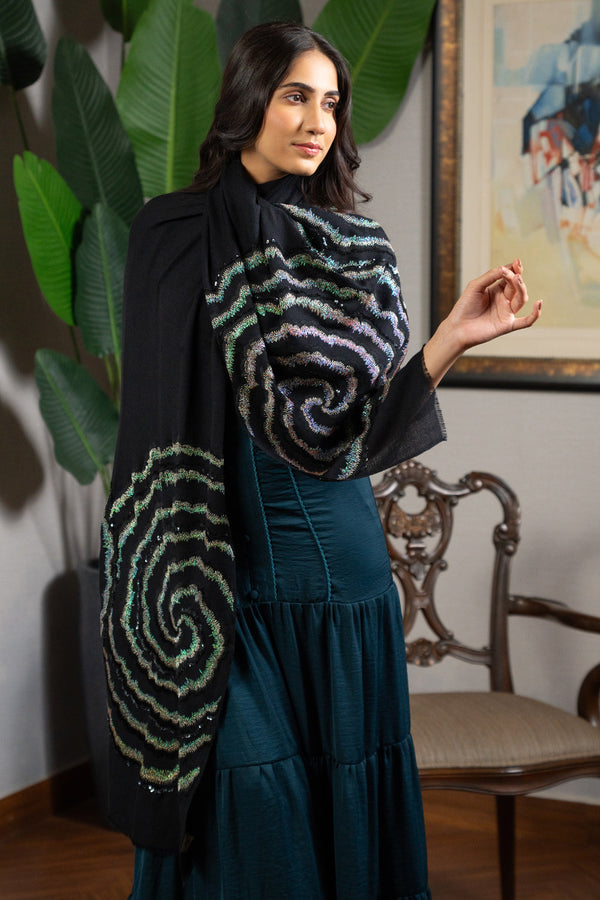 Twilight Shimmer | Embroidered Wool Silk Stole