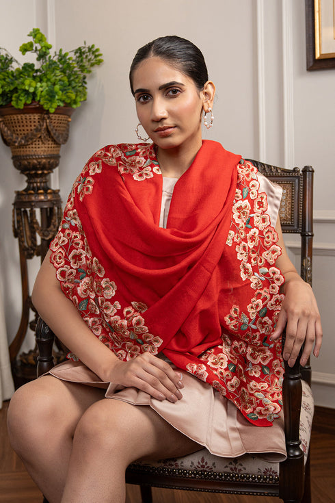 Orchidaceae | Embroidered Fine Wool Silk Stole