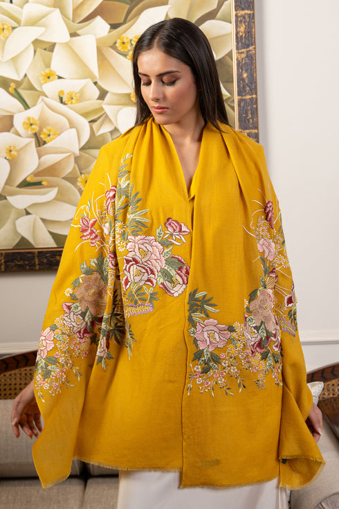 Symphony Bloom | Embroidered Fine Merino Wool Stole