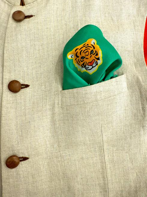 Roar Royale | Pure Silk Pocket Square with a Handmade Rakhi
