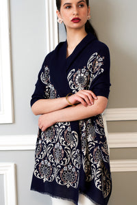 Floral Crest Embroidered Wool Silk Stole